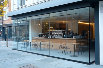 Contemporary coffee shop facade with large glass windows showcasing the cafe interior and seating area on the sidewalk.