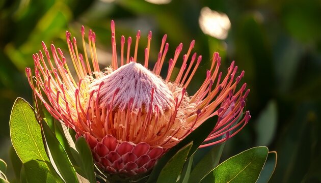 close up of madiba protea flower against a bright green leafy background with subtle shading and depth effects leaves green nature