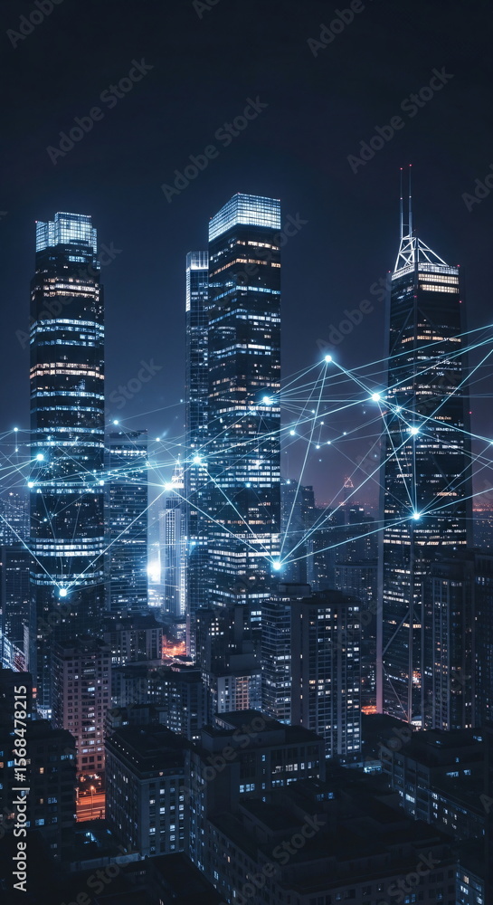 Poster night view of modern city skyscrapers with interconnected network lines. data communication internet