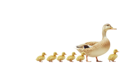 A mother duck leading her ducklings in a row showcasing on white background 