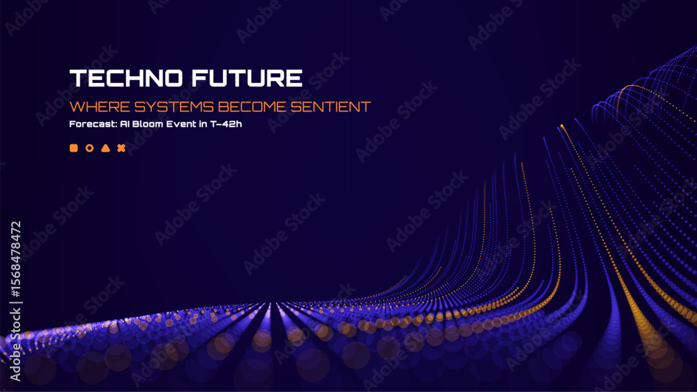 Poster techno future concept with glowing blue and orange particle lines on a dark background for artificia