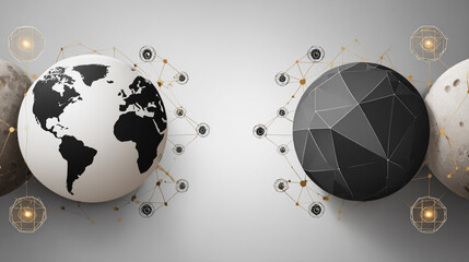 Abstract technology white background. Earth network with glowing nodes and net lines business connection of lines from nodes It is connected to endless nodes and represents the innovation of communica