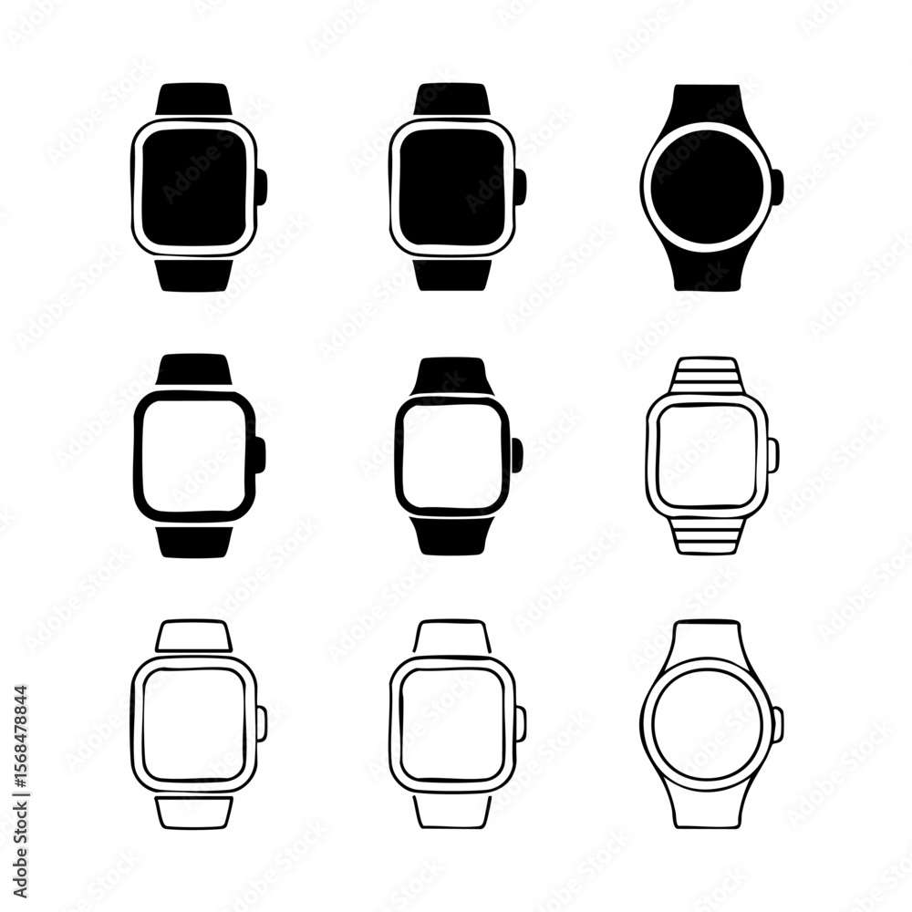 Poster nine minimalist flat smartwatch silhouettes with transparent background set of wearable technology i