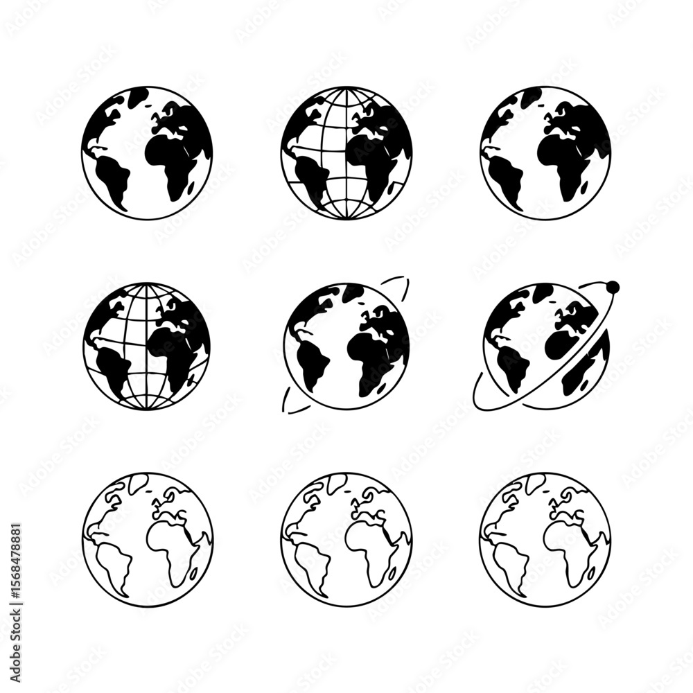 Poster nine minimalist globe icons set transparent background simple world map silhouettes vector