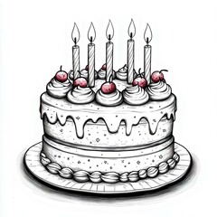 A beautifully decorated cake with five candles and cherries, perfect for celebrations and special occasions, featuring detailed frosting and a plate.