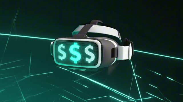 A VR headset glowing green with $ signs on the lenses, immersive money experience