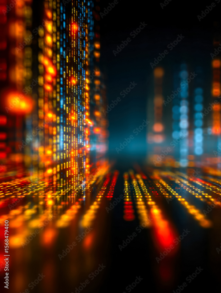 Poster digital data streams and vibrant light displays in a futuristic technology environment