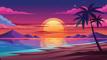Vector Art Sunset Beach Scene with Palm Trees, Mountains, and Vibrant Sky Colors