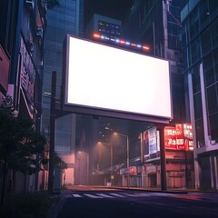 Urban advertising awaits in this metropolitan scene with a vibrant billboard at night, surrounded by modern architecture.