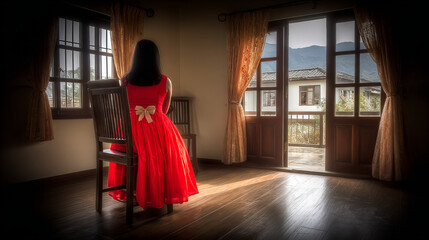 Person in a red dress sitting quietly by the window in a serene rural setting with mountains in the background