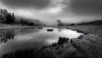 Fototapeta premium mysterious grayscale landscape featuring a dark moody atmosphere with thick fog rolling across a reflective wet surface creating a dramatic atmospheric scene generative ai