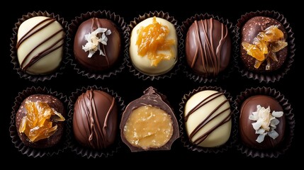 Assorted Chocolate Pralines and Truffles on Black Background, Top View

