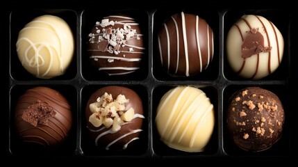 Assorted Chocolate Pralines and Truffles on Black Background, Top View

