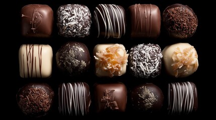 Assorted Chocolate Pralines and Truffles on Black Background, Top View


