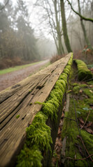 Close-Up of Mossy Wooden Log in Misty Forest Path
