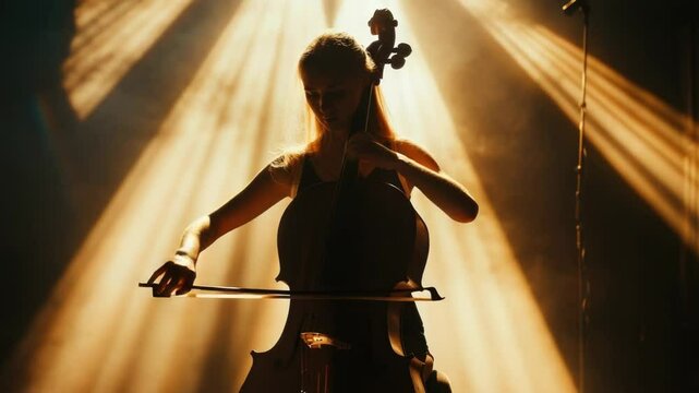 A woman plays the cello in a dimly lit room, providing intimate music