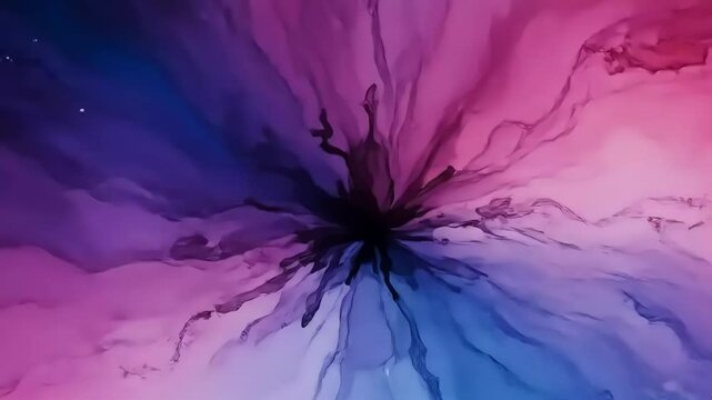 An abstract explosion of vibrant pink and blue watercolor paint spreading outwards