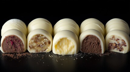Assorted Chocolate Pralines and Truffles on Black Background, Top View

