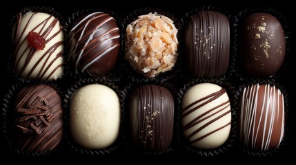 Assorted Chocolate Pralines and Truffles on Black Background, Top View

