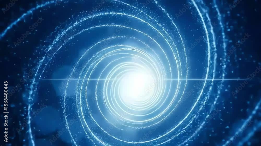 Poster a swirling blue vortex of light and particles, creating a futuristic tunnel effect
