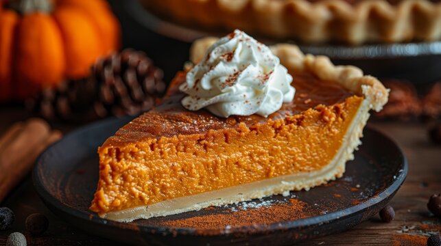 Slice of pumpkin pie topped with whipped cream sits on a plate against a warm, fall background