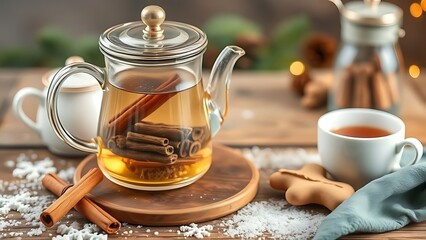 Warm Cinnamon Tea in Glass Teapot on Wooden Table Festive Winter Setting