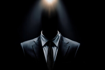 Mysterious silhouette of a man in a suit illuminated by spotlight