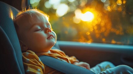 Peaceful toddler sleeping in car seat during sunset journey