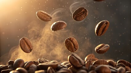 Obraz premium Freshly Roasted Coffee Beans Falling with Aromatic Steam
