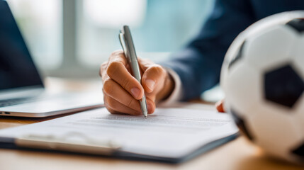 Signing a contract with a soccer ball beside it and a laptop in the background