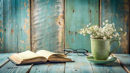 Open Book Glasses and Flowers on a Rustic Wooden Table new 2025 trendy