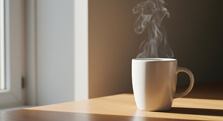 Obraz premium White mug of steaming hot beverage on a wooden table by a window.