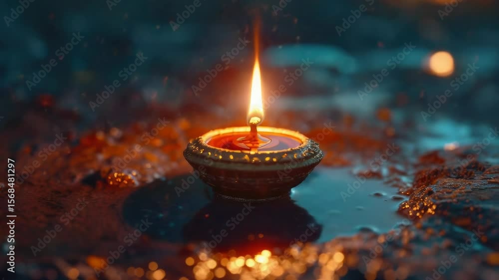 Aufkleber A single lit candle sitting on the edge of a puddle of water, with reflections and ripples around it