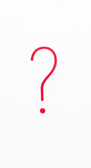 Red question mark on white background, simple design, symbolizing inquiry, question, uncertainty, or FAQ concept
