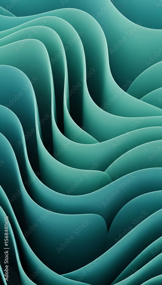 Poster abstract teal waves, smooth curves and flowing lines create a dynamic and modern design, showcasing 