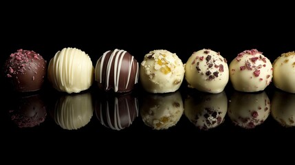 Assorted Chocolate Pralines and Truffles on Black Background, Top View

