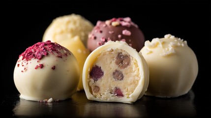Assorted Chocolate Pralines and Truffles on Black Background, Top View

