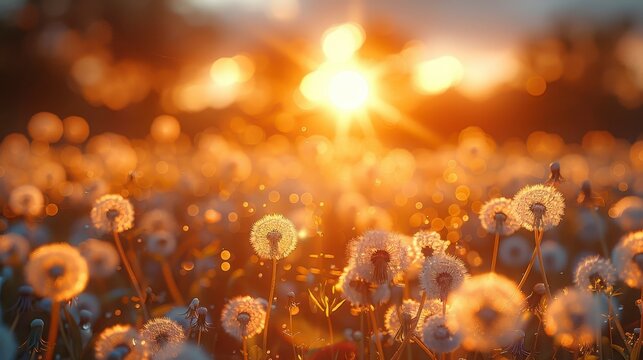 Dandelions glow in a golden field under a bright, blurred sunset sky