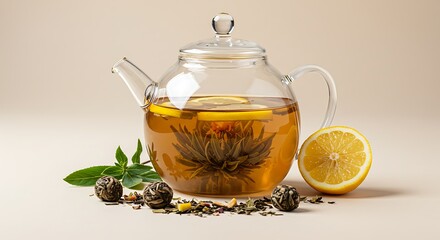 A glass teapot filled with flowering tea and lemon slices, surrounded by loose tea leaves, lemon, and mint sprigs.