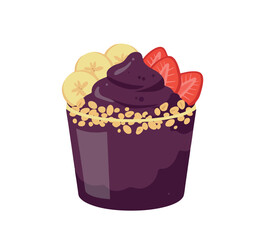 Purple açaí bowl with banana, strawberry, and crunchy granola toppings – flat cartoon-style healthy food concept.