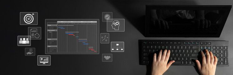 Project management dashboard showing timeline, tasks, milestones, and workflows for planning,...