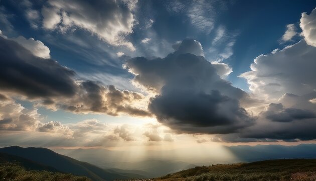 moody sky with sunlight filtering through layers of clouds casting soft diffused light the scene captures the serene yet powerful atmosphere created by the interplay of light and shadow