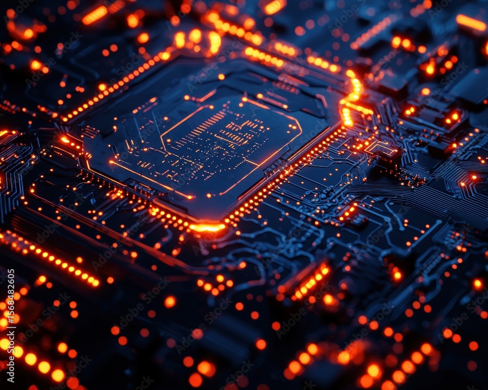 Poster futuristic computer circuitry with glowing illuminated pathways