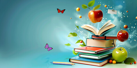 Stack of Books with Open Book, Apples, and Butterflies in a Whimsical Scene


