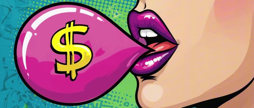2:35:1 A woman's lips blowing a pink bubble of bubblegum with a $ sign printed on it, comic-style background and halftone dots