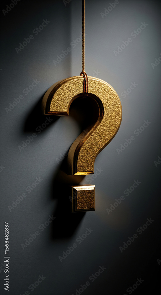 Fototapete golden question mark hanging on string against dark gray background, symbolizing inquiry, uncertaint