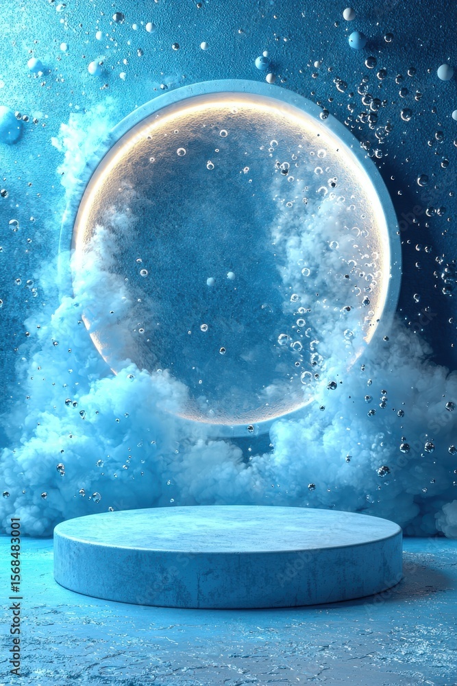Poster abstract composition with reflective spheres floating in blue minimalistic backdrop