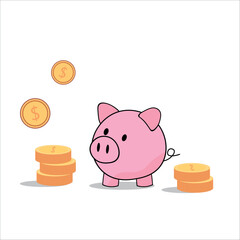 Piggy bank and gold coins on white background, flat style, minimalism, isolate on white