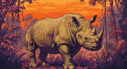 Fototapeta premium A majestic rhinoceros stands amidst a vibrant, sunset-hued tropical landscape.