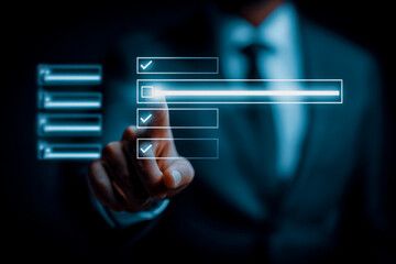 Business professional interacting with futuristic digital interface for decision making